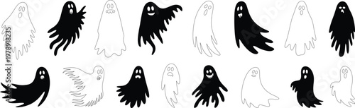 Collection of black and white cartoon ghosts with various facial expressions and wavy shapes halloween