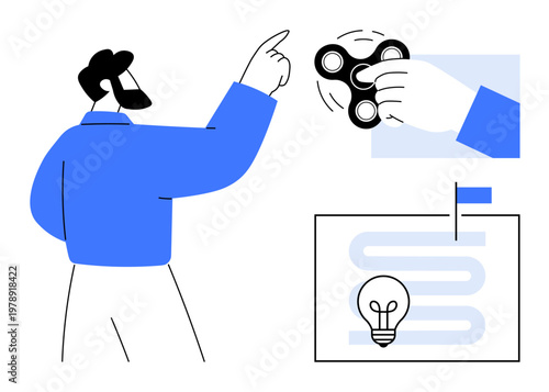 Creative process. innovation and productivity through a person pointing, a fidget spinner, and an abstract roadmap with a lightbulb icon. Creative process in teamwork, brainstorming, design thinking