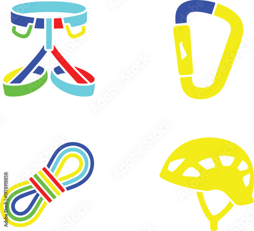 Rock climbing gear illustration: harness, carabiner, rope, and helmet