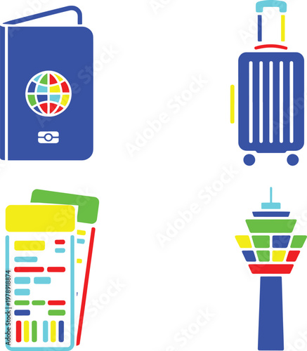 Travel icons: passport, luggage, tickets, and airport control tower illustration
