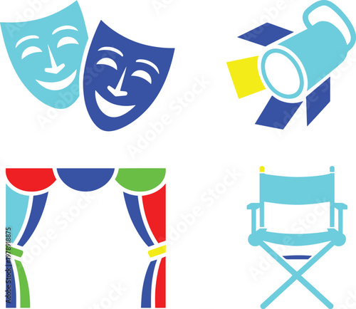 Theater masks, spotlight, stage curtains and director's chair illustration in colored style