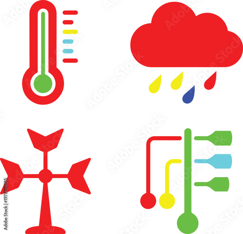 Weather icons: thermometer, rain cloud, wind vane, and thermometer with colored liquid