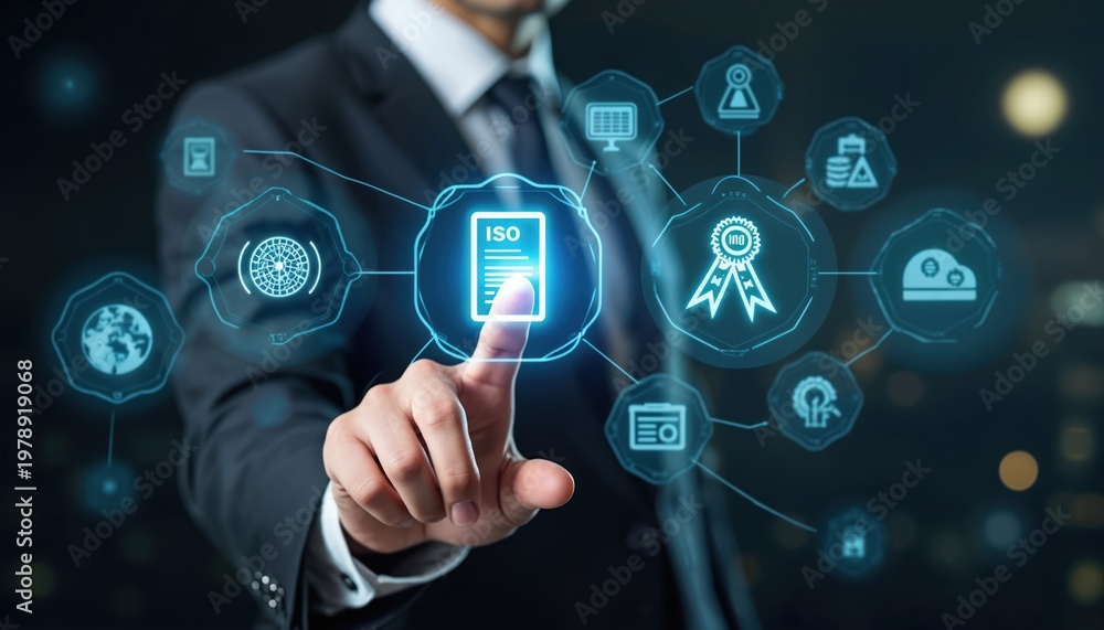 Fototapeta premium Man touches ISO certification icon on digital screen. Business man interacts with global quality assurance and standardization network. Tech interface shows business process icons.