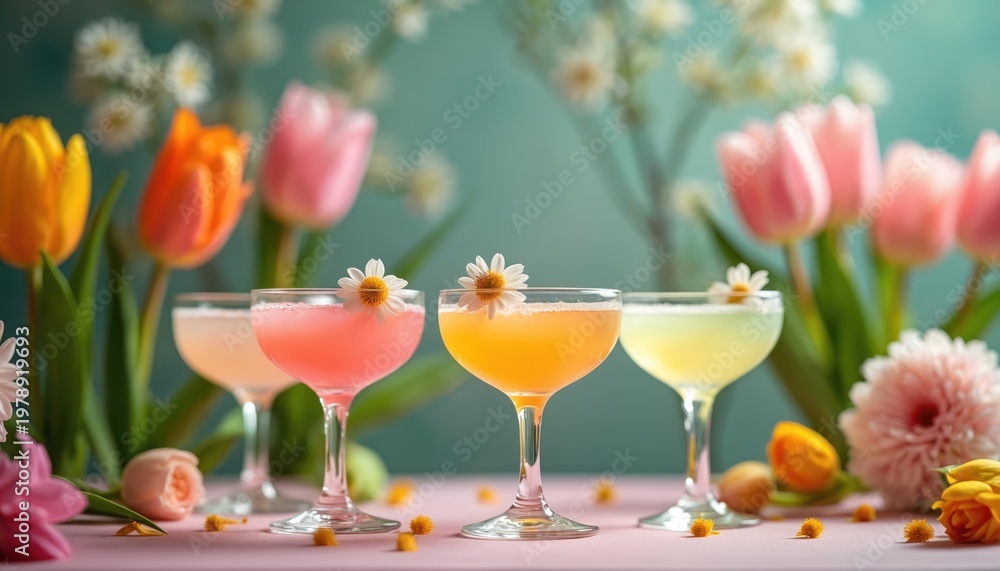 Fototapeta premium Spring cocktails with floral garnishes sit on pastel table. Colorful tulips and daisies frame drinks, suggesting fresh and festive mood. Drinks are light colored and inviting for celebration.