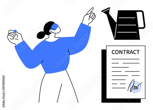 Teamwork, legal agreements, decision-making, business planning, entrepreneurship, growth opportunities. Woman gestures next to a watering can and signed contract. Teamwork and legal agreements