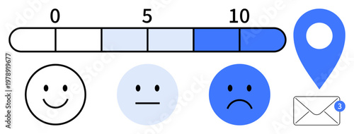 Customer feedback, rating systems, user satisfaction, location tracking, notifications, communication tools. happy faces, rating scale location pin and envelope icon. Customer feedback and rating