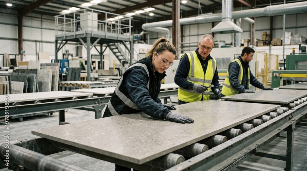 Fototapeta premium Medium shot showcasing honed engineered stone countertop slabs being inspected by workers highlighting the matte texture and subtle finish in a controlled production line.
