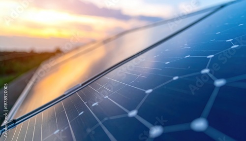 Close-up of solar panels at sunset for renewable energy.