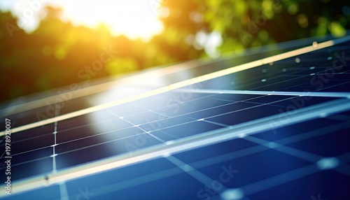 Close-up of solar panels with sunlight reflecting off the surface.