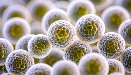 Close-up of spherical cells with intricate internal structures.