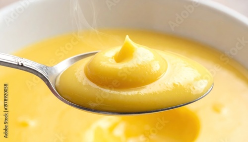 Close-up of Spoonful of Creamy Yellow Custard Dessert.