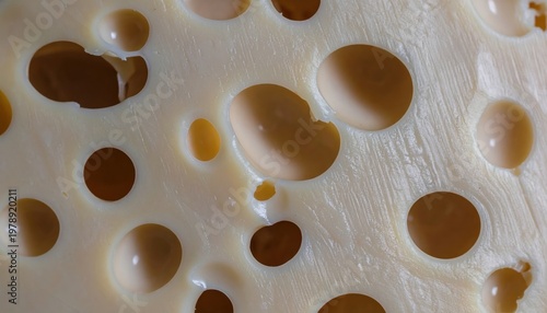 Close-up of Swiss Cheese Texture with Holes and Creamy Appearance.