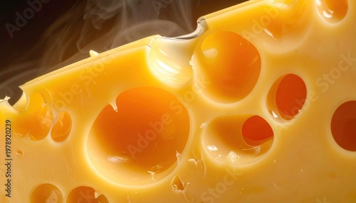 Close-up of Swiss Cheese with Holes and Visible Steam.