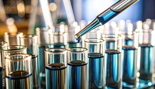 Close-up of test tubes with blue liquid being tested.