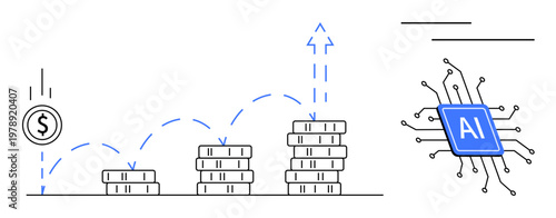 Financial growth, AI technology, economic innovation, data analysis, futuristic finance, tech investment. Coin and stacked coins economic growth, connected to AI chip. Financial growth and AI