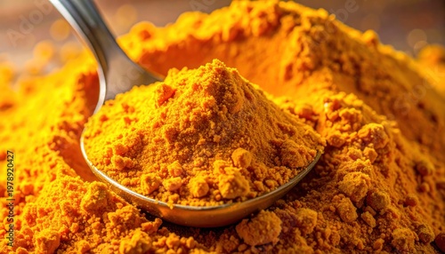 Close-up of Turmeric Powder on Spoon and Pile.