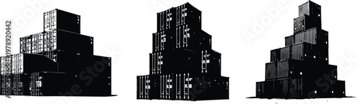 Shipping container stack silhouette black and white vector illustration on white background