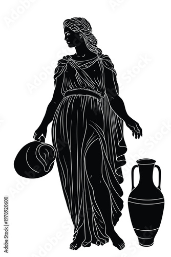 Ancient Greek woman goddess in tunic with a jug for wine and water. Figure isolated on white background