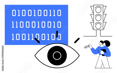 Surveillance, data analysis, machine learning, traffic management, AI systems, coding. Eye with binary code, traffic light person pointing. Surveillance and data analysis concepts
