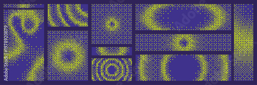 Pixelated bitmap texture set. Retro pixel art, glitch dither pattern. Leisure or arcade games duotone border frame. Modern Glitchy Halftone Pattern with Witchy Violet and Toxic Green 8 bit background