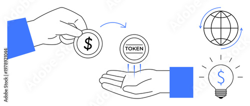 Cryptocurrency, global economy, fintech innovation, smart investment, digital marketplaces, blockchain technology. Hand exchanging coins with token text and globe icon. Cryptocurrency and global