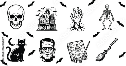 Spooky black and white Halloween icon set featuring a skull, haunted house, zombie hand, skeleton, black cat, monster, spellbook, and witch broom