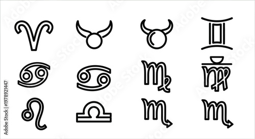 Zodiac signs, astrology symbols, vector icons, black line art