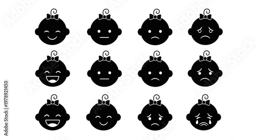 Black emoticon bomb icons, angry faces, bomb emojis, vector graphics
