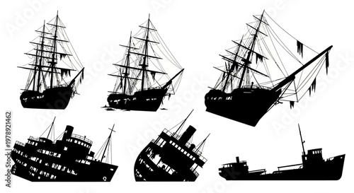 Black ship silhouettes, sailing vessel icons, nautical fleet graphics, vector ships