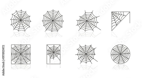 Spider web icons, black line art, web graphics, 8 shapes