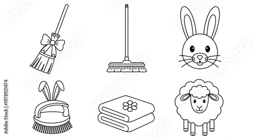 Cleaning icons, broom, mop, dustpan, rabbit, sheep, laundry, 6 vector illustrations