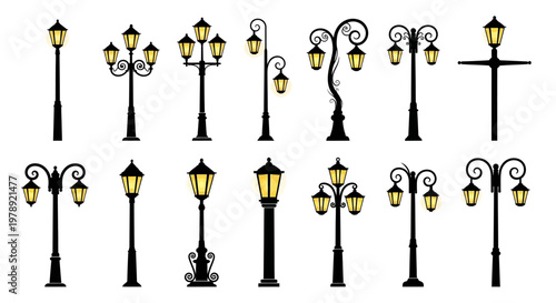 Street lamp icons, 13 black lampposts, urban lighting fixtures, vector illustrations