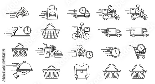 E-commerce icons, shopping symbols, delivery signs, online store graphics, 20 outline illustrations