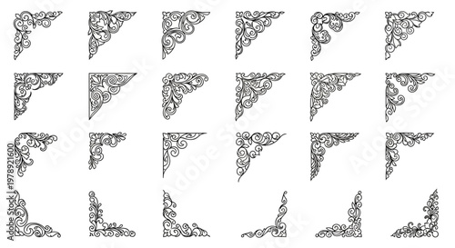 Set of 20 floral corner border elements, black and white, vector illustrations, decorative frames, ornate designs
