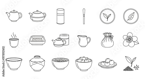 20 Tea, Herbal, and Food Icons, Black Line Illustration Set