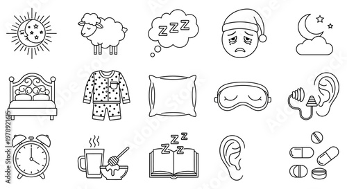 Sleep, insomnia, and relaxation icons, 16 line art symbols