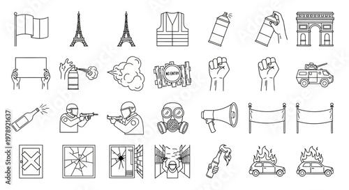 Revolution, protest, activism icons set, 25 line illustrations, black and white, vector graphics