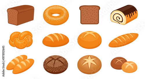 Bread, bakery, food icons, 12 elements, vector illustrations, baking, pastry, wheat, loaf, baguette, rolls