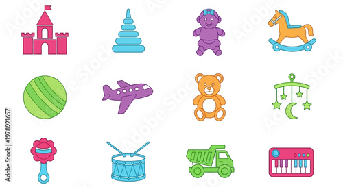 Colorful baby icons, nursery symbols, 12 childish signs, vector illustrations