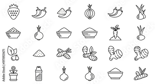 25 Fresh Fruit and Vegetable Icons, Line Art Style, Black and White Illustrations, Food Symbols, Vector Graphics