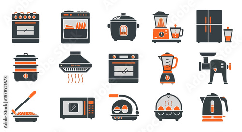 Kitchen Appliances Icons, Black and Orange, Vector Set of 16