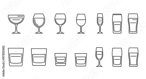 Cocktail glass icons, wine glasses, beer glasses, drinkware, barware, vector illustrations