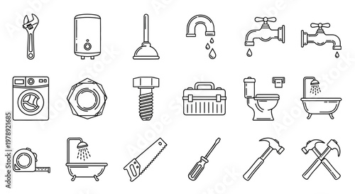 Plumbing repair icons, 20 line style tools, plumbing symbols, bathroom equipment