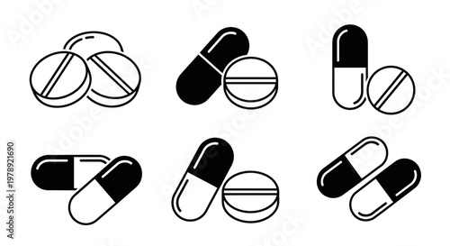 Pill icons, medication symbols, drug illustrations, health graphics, 6 black and white vector graphics