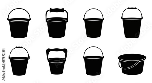 Black bucket icons, bucket set, vector buckets, black pails