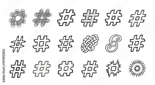 Social media hashtag icons, black and white, 20 symbol set, vector graphics