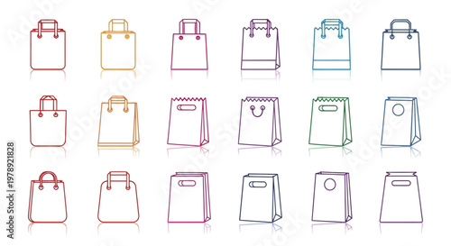 Colorful shopping bag icons, retail packaging symbols, 20 bags collection, vector graphics