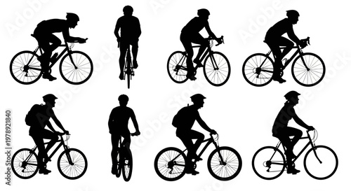 Cycling silhouettes, bicycle icons, bike riders, vector graphics, black illustrations, fitness symbols