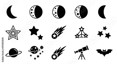 Space icons, astronomy symbols, star and planet graphics, celestial bodies