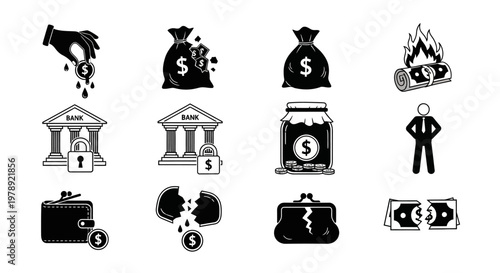 Financial icons, money symbols, business signs, 12 black and white graphics, money bag, bank, cash